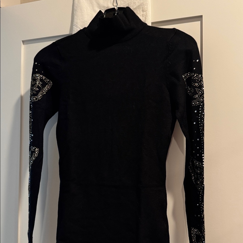 VENUS Black Mock-Turtleneck Sweater with Embellished Sleeves